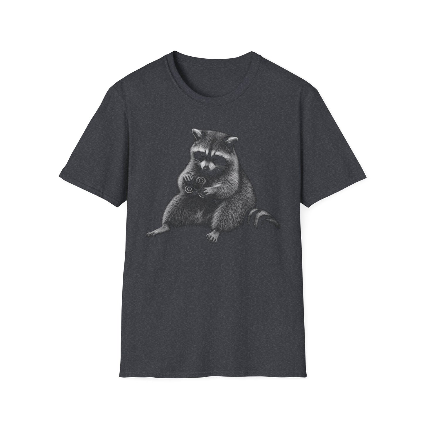 Raccoon Holding Fidget Spinner Graphic T-Shirt — Cute Noir Wildlife Tee
