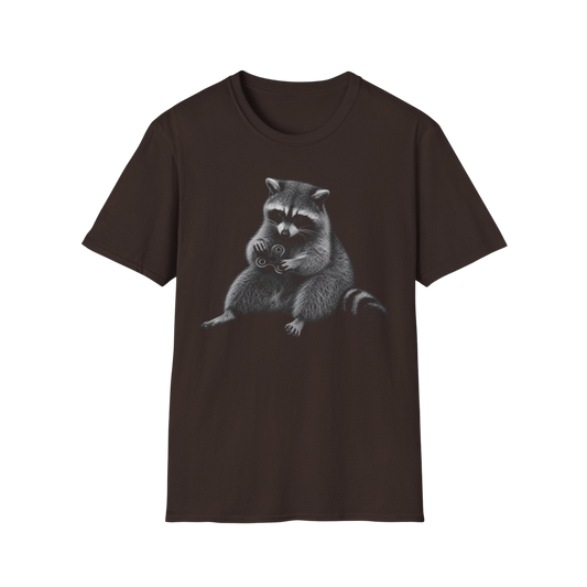 Raccoon Holding Fidget Spinner Graphic T-Shirt — Cute Noir Wildlife Tee