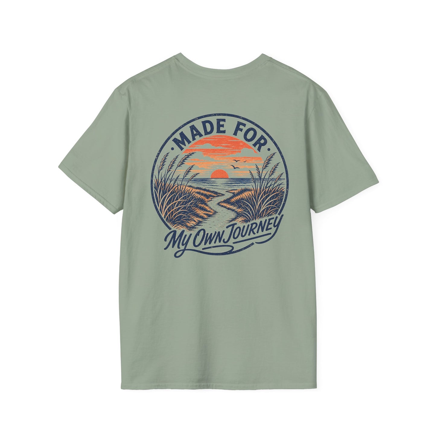 "Made For My Own Journey" beach path leading toward sunset, vintage surf poster style