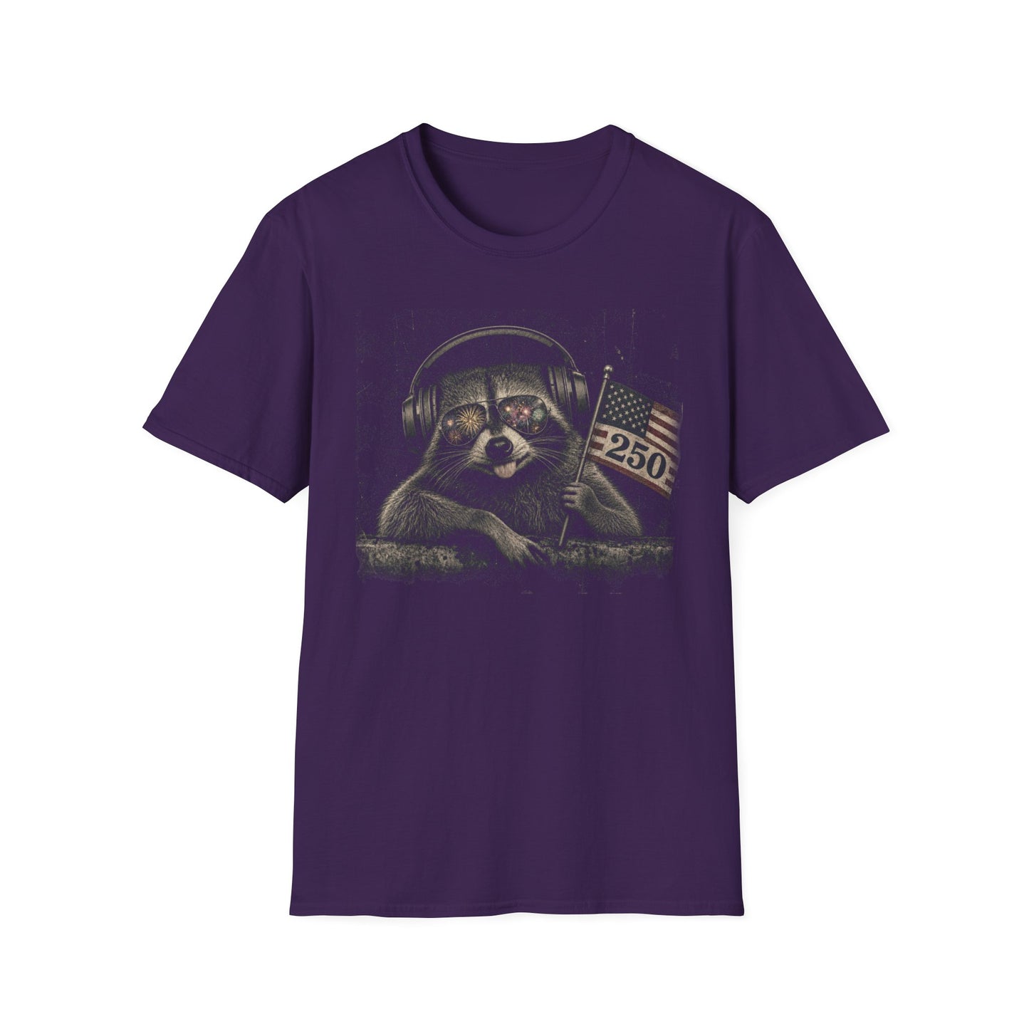 Raccoon With Headphones & Flag 4th of July — Retro America's 250th Anniversary Americana Graphic T-Shirt