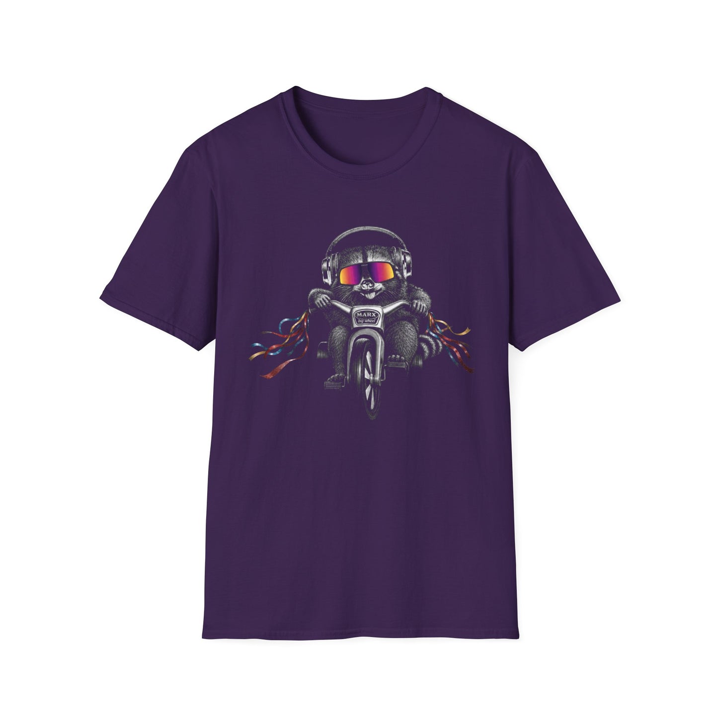 Big Wheel Raccon with Oakleys and Active Noise Canceling (ANC) headphones ‑Shirt — Retro Biker Tee