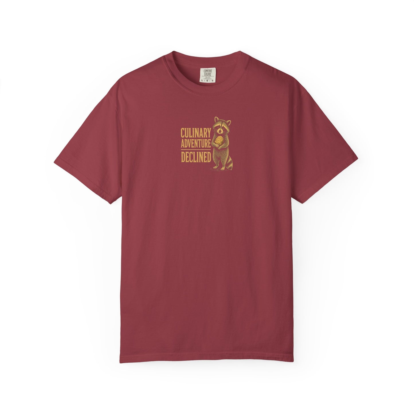 Culinary Adventure Declined T-Shirt — Food Routine Raccoon Graphic Tee