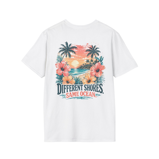 "Different Shores, Same Ocean" Hibiscus Flower Beach Sunset Graphic T-Shirt