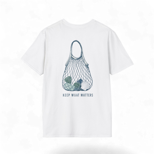 Keep What Matters Coastal Seashell Mesh Tote T-Shirt