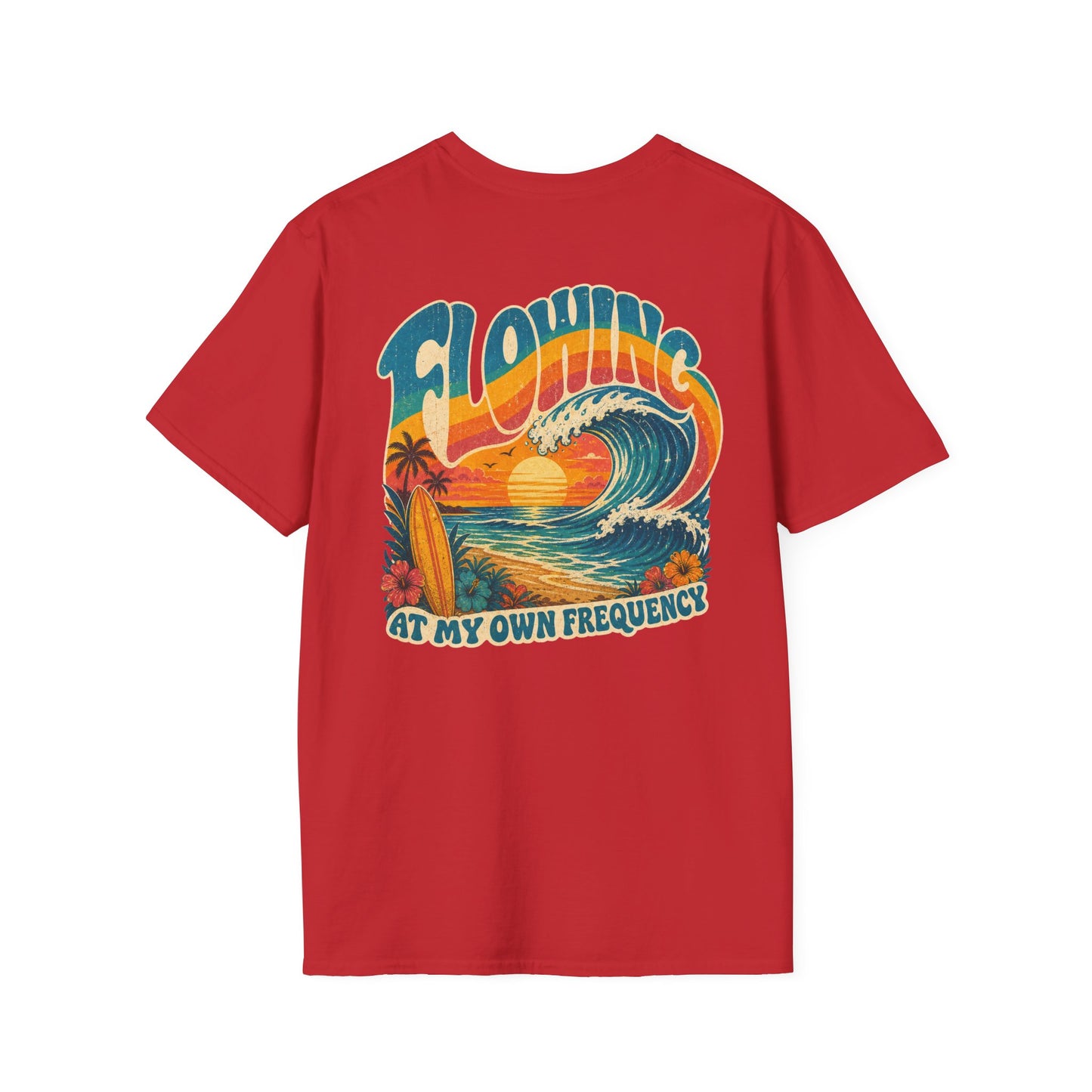 "Flowing At My Own Frequency" Groovy 70s Surfboard Beach Sunset Graphic T-Shirt