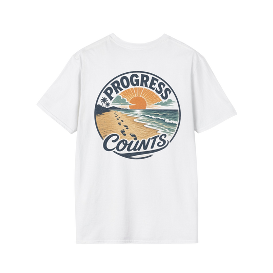 Progress Counts T-Shirt — Vintage Coastal Footprints Sunset