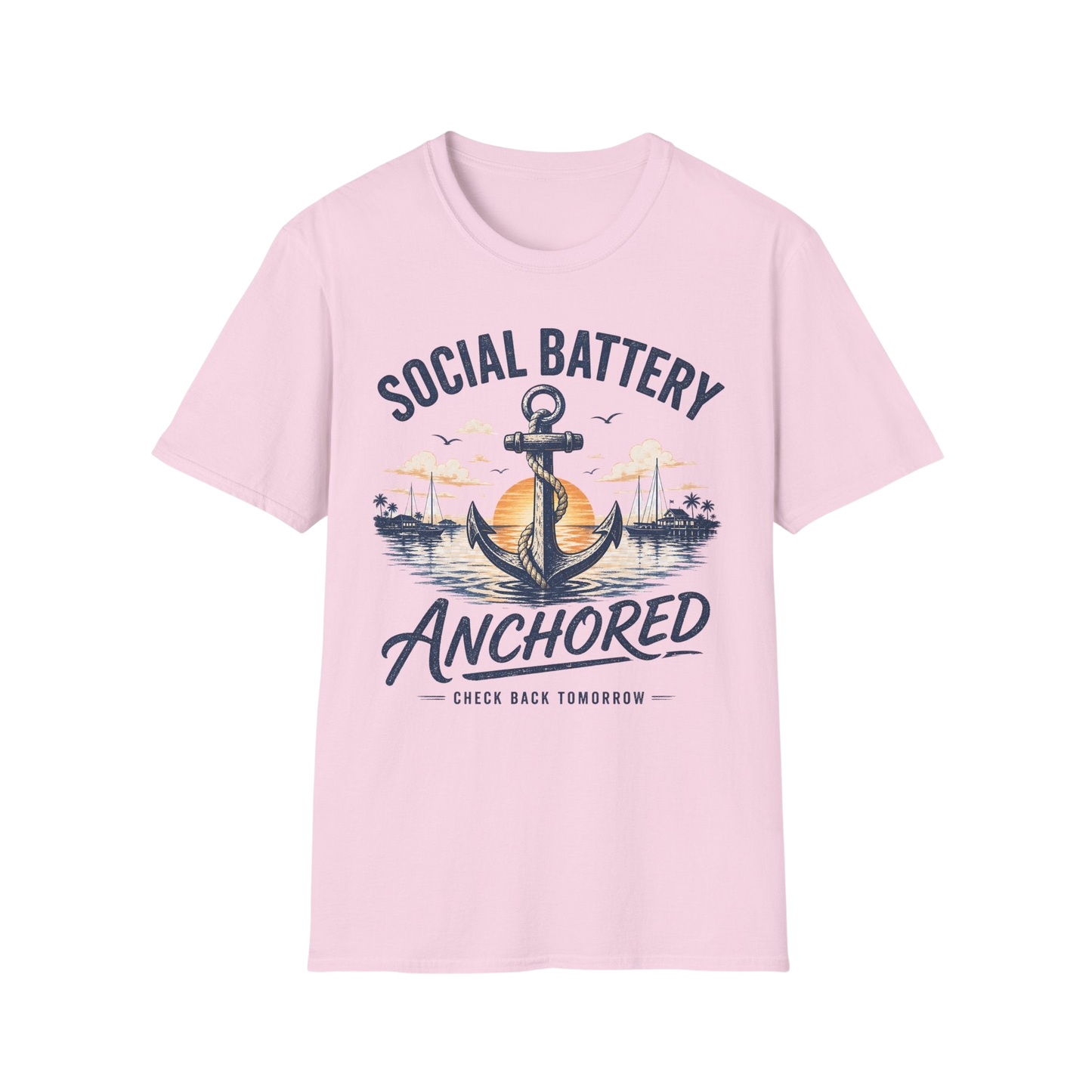 Social Battery Anchored T‑Shirt — Nautical Anchor Retro Sunset Tee
