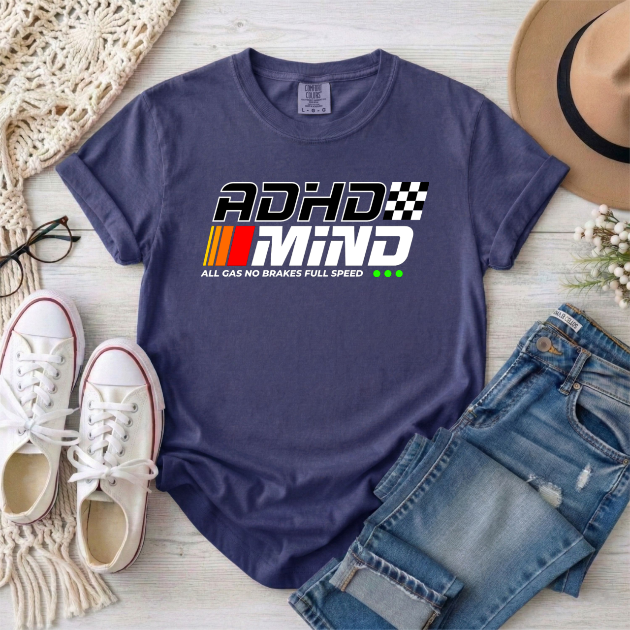 ADHD MIND 'All Gas No Brakes' Retro Checkered Racing T-Shirt