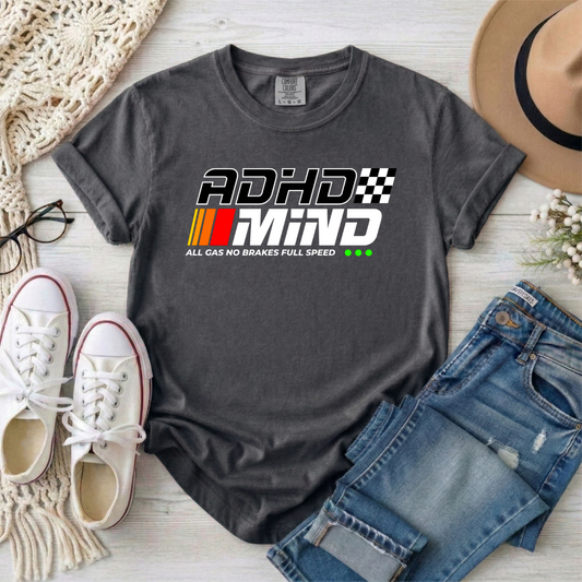 ADHD MIND 'All Gas No Brakes' Retro Checkered Racing T-Shirt