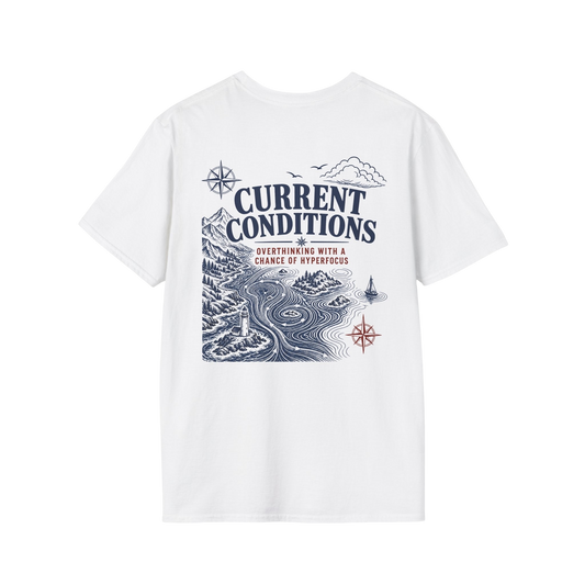 Au.Thentic.Tees white graphic t-shirt featuring a vintage nautical lighthouse and compass back print illustration.