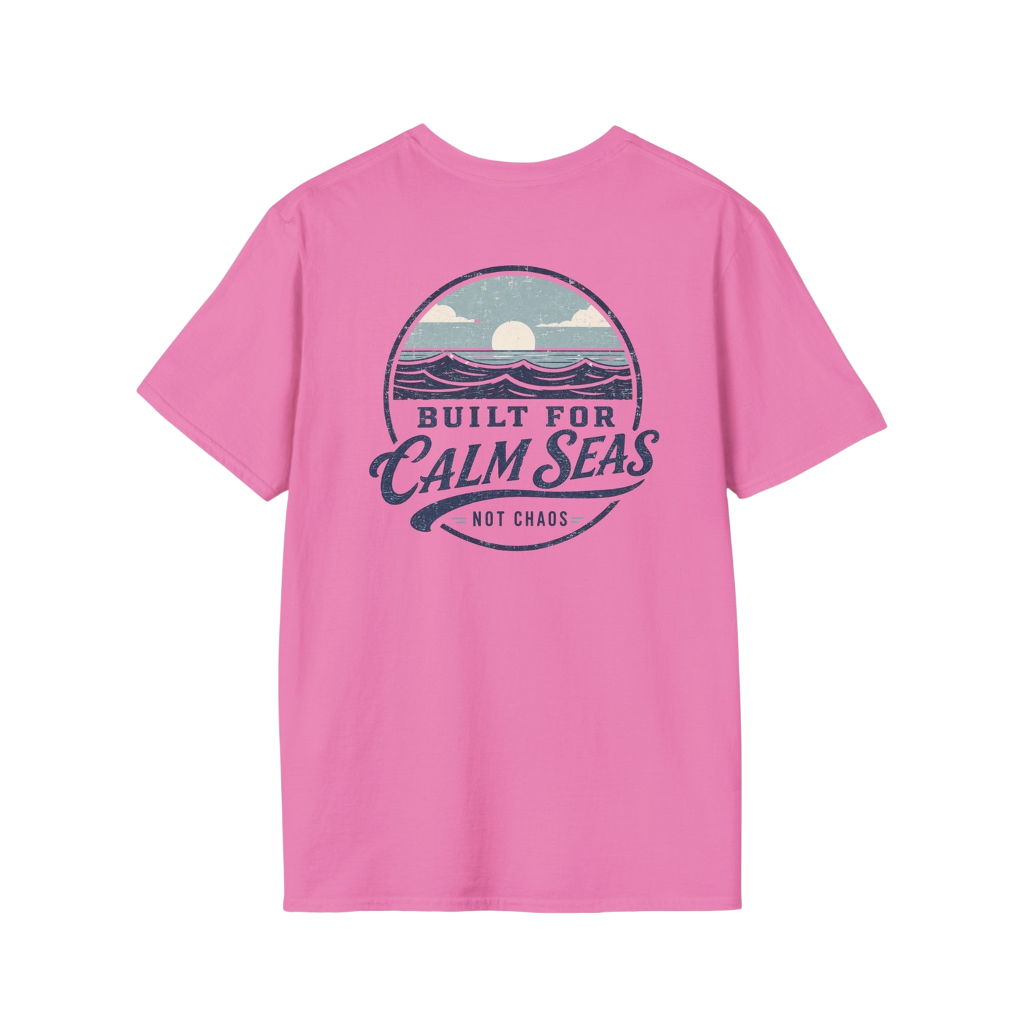 Au.Thentic.Tees pink cotton t-shirt featuring a circular vintage-style graphic of a sun over waves and calm seas text.