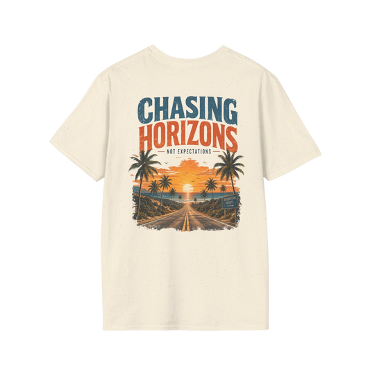 Au.Thentic.Tees cream cotton t-shirt with retro coastal highway sunset graphic print on the back