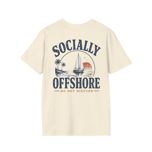 Au.Thentic.Tees off-white graphic t-shirt featuring a vintage sailboat sunset emblem on the back with coastal text.