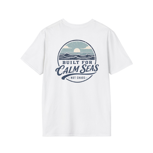 Au.Thentic.Tees white cotton t-shirt featuring a vintage circular graphic of a sun over waves and calm seas text.