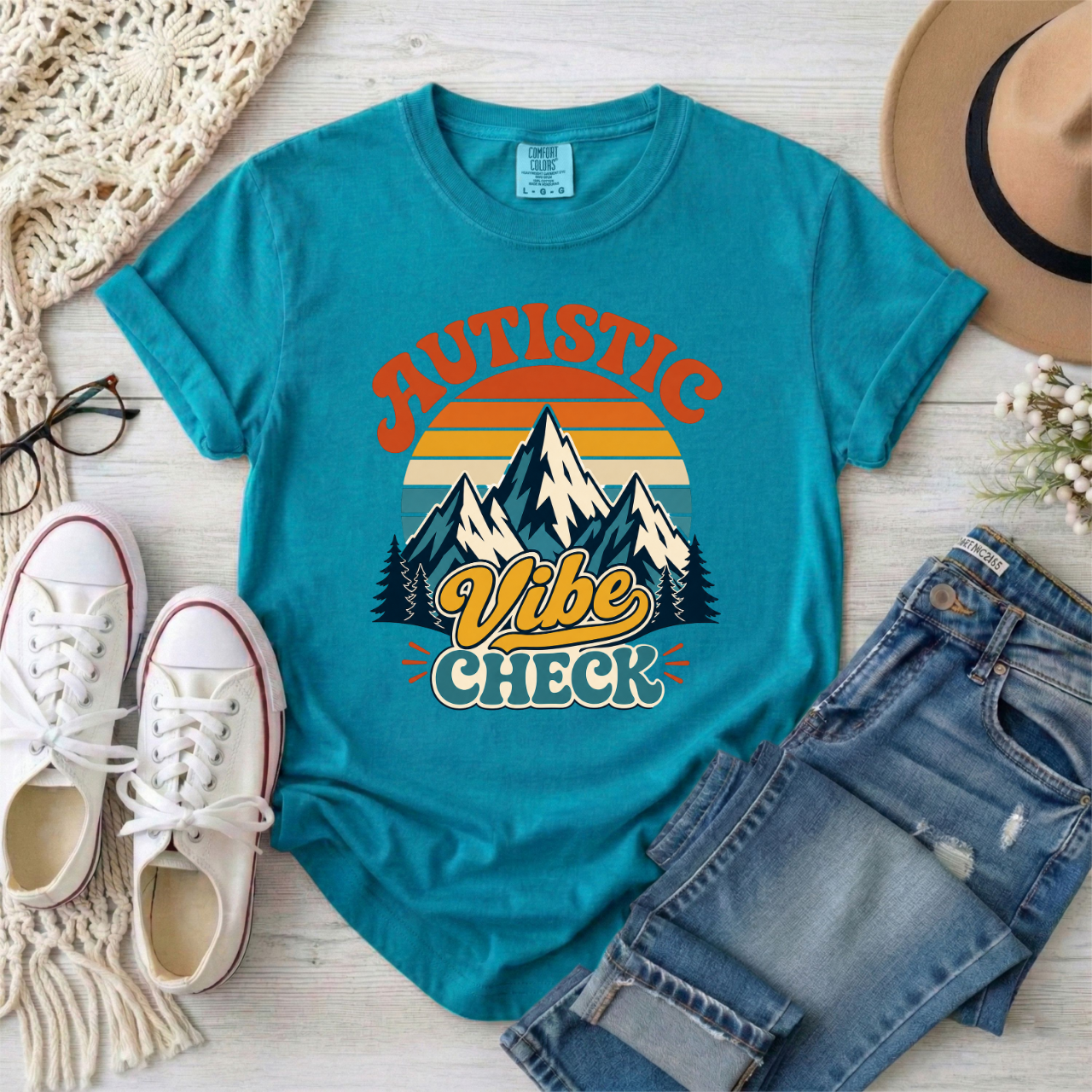 "Autistic Vibe Check" Retro Mountain Graphic Tee Shirt