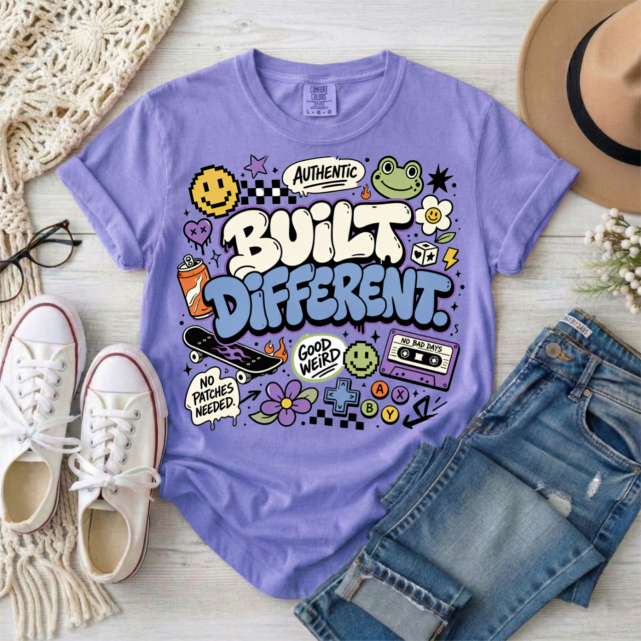 Built Different Graphic T-Shirt — Retro Sticker-Style Positive Tee
