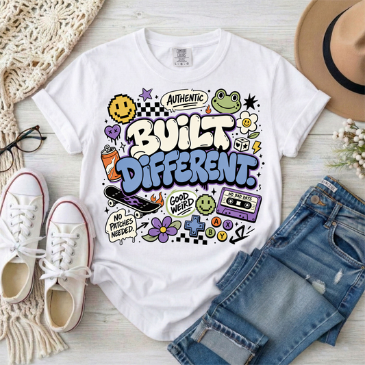 Built Different Graphic T-Shirt — Retro Sticker-Style Positive Tee