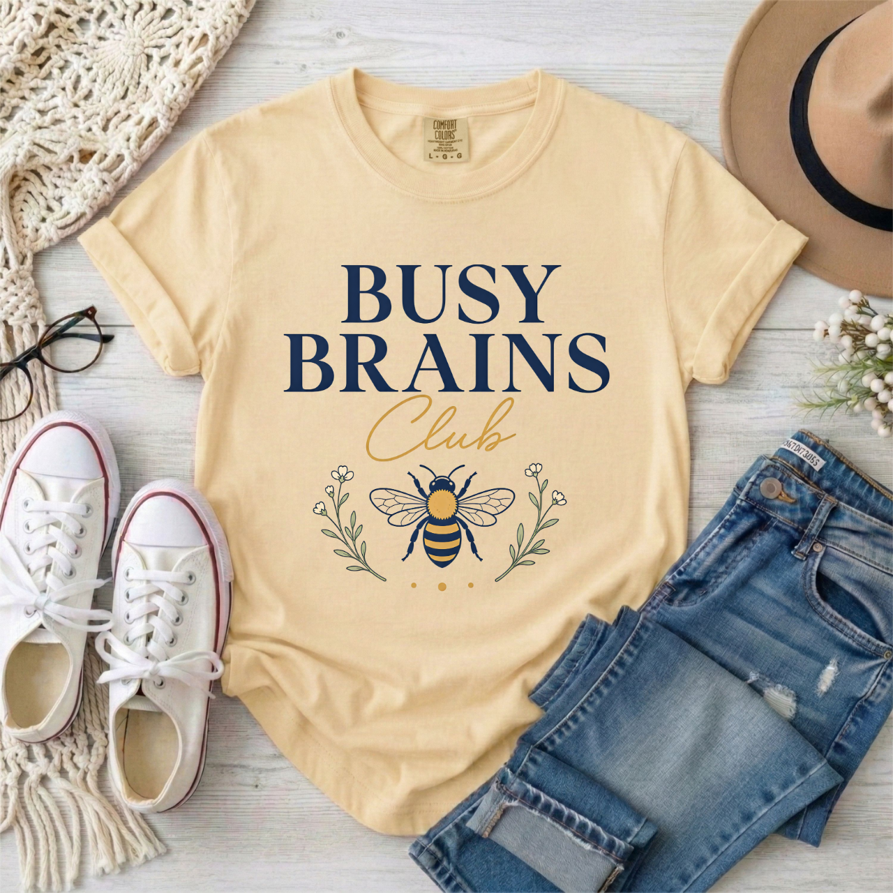 Busy Brains Club T-Shirt — AuDHD Busy Bee Graphic Cotton Tee