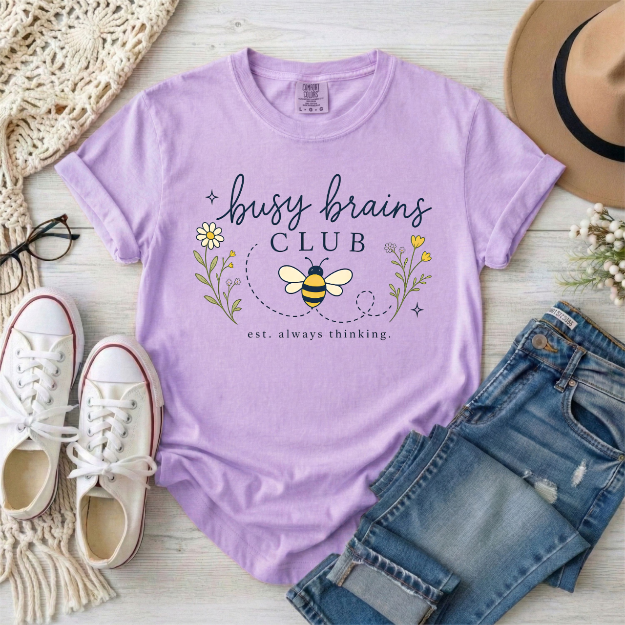 Busy Brains Club Bee T-Shirt — Floral 'Busy Brains Club' Autism and ADHD Graphic Tee