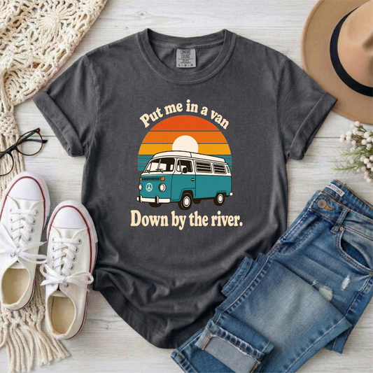 "Put me in a van Down by the river" Retro Camper Van T-Shirt – Vintage Sunset Tee
