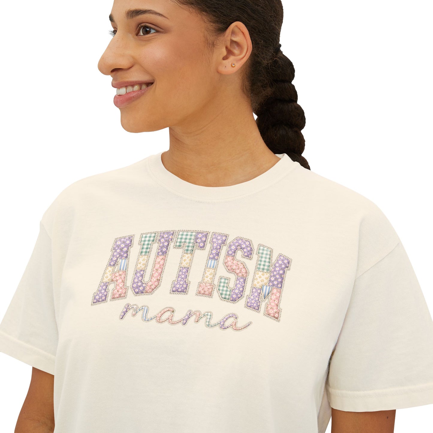 Autism Mama Boxy Tee — Pastel Patchwork Lettering T‑Shirt image 4