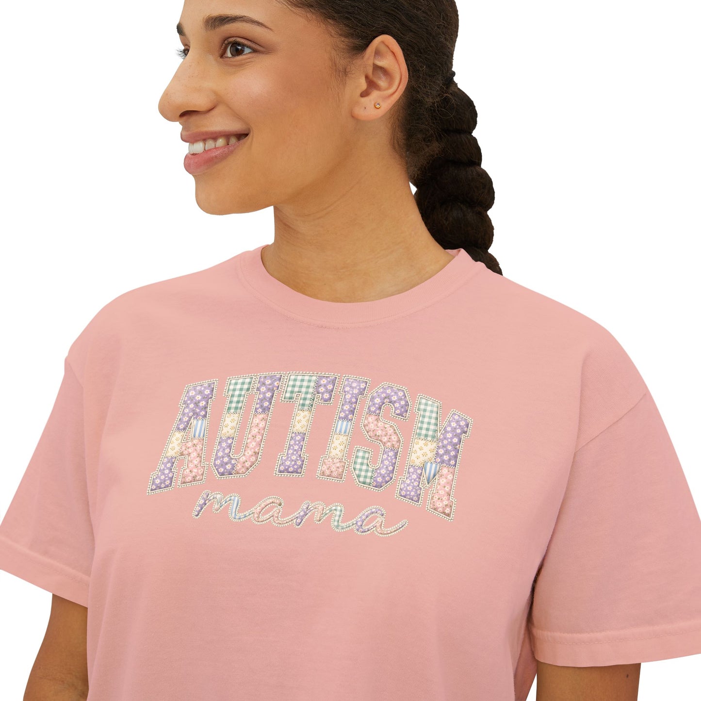Autism Mama Boxy Tee — Pastel Patchwork Lettering T‑Shirt image 7