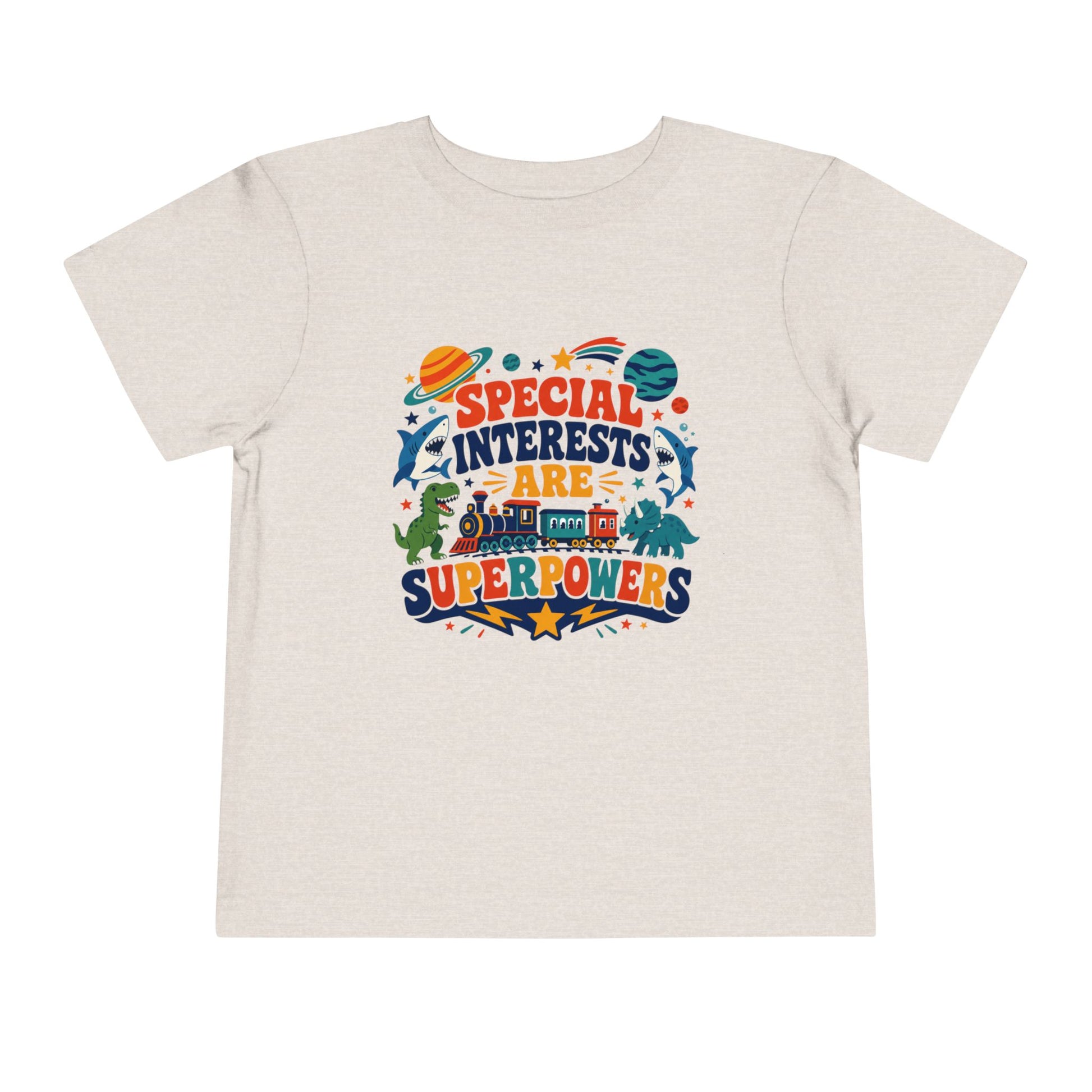 Toddler Tee — “Special Interests Are Superpowers” Colorful Space &amp; Dino Graphic - Heather Dust, 2T image