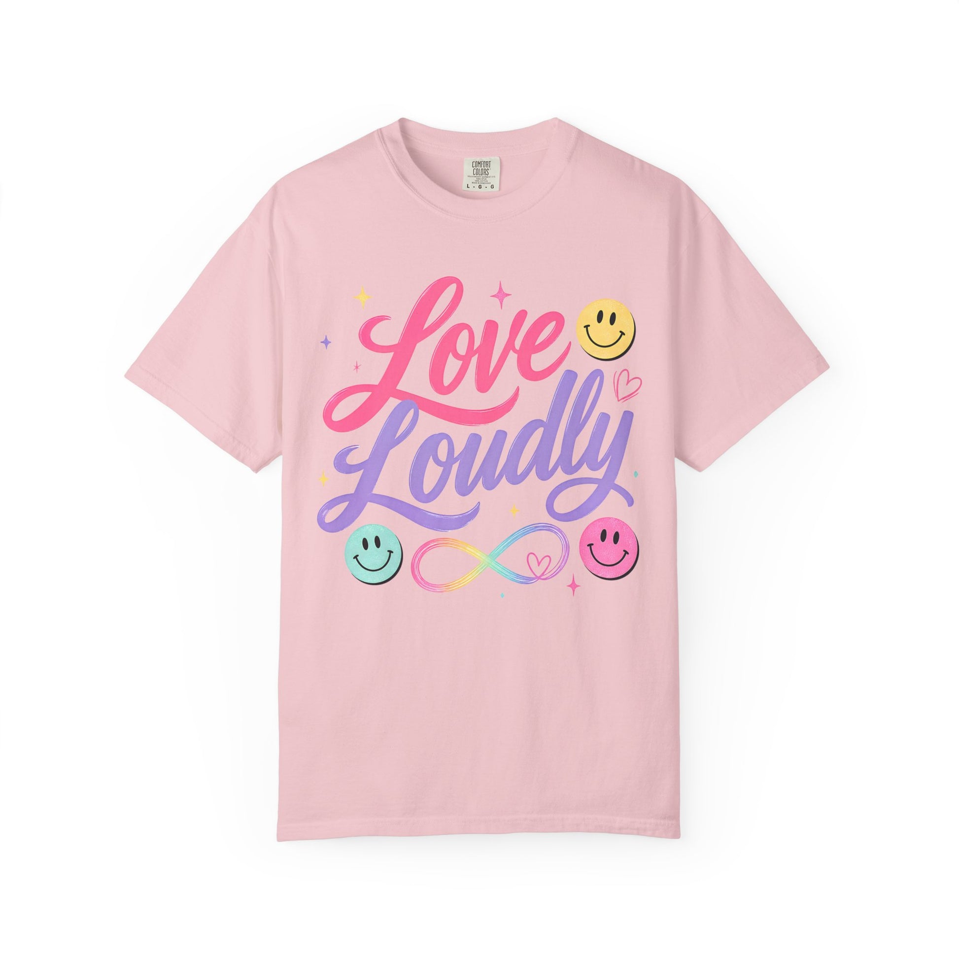 Love Loudly Graphic T‑Shirt — Rainbow Smiley Retro Script Tee image