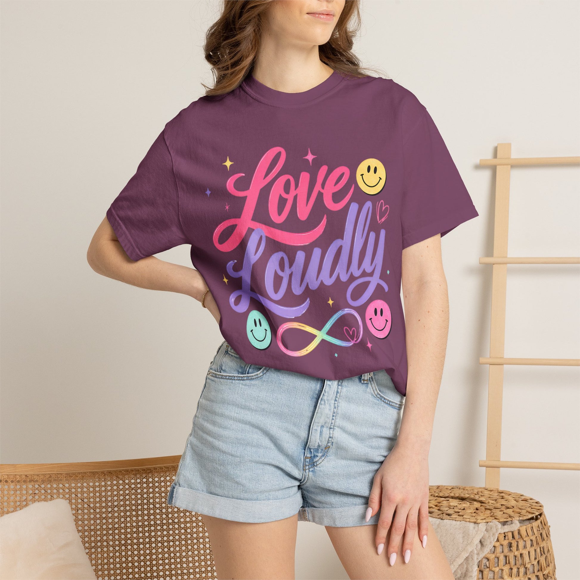 Love Loudly Graphic T‑Shirt — Rainbow Smiley Retro Script Tee image 23