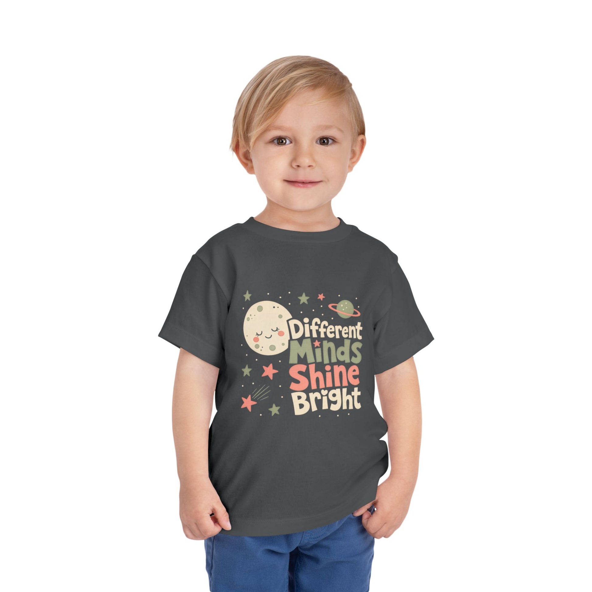 Toddler Tee — "Different Minds Shine Bright" Space Autism Awareness Shirt image 2