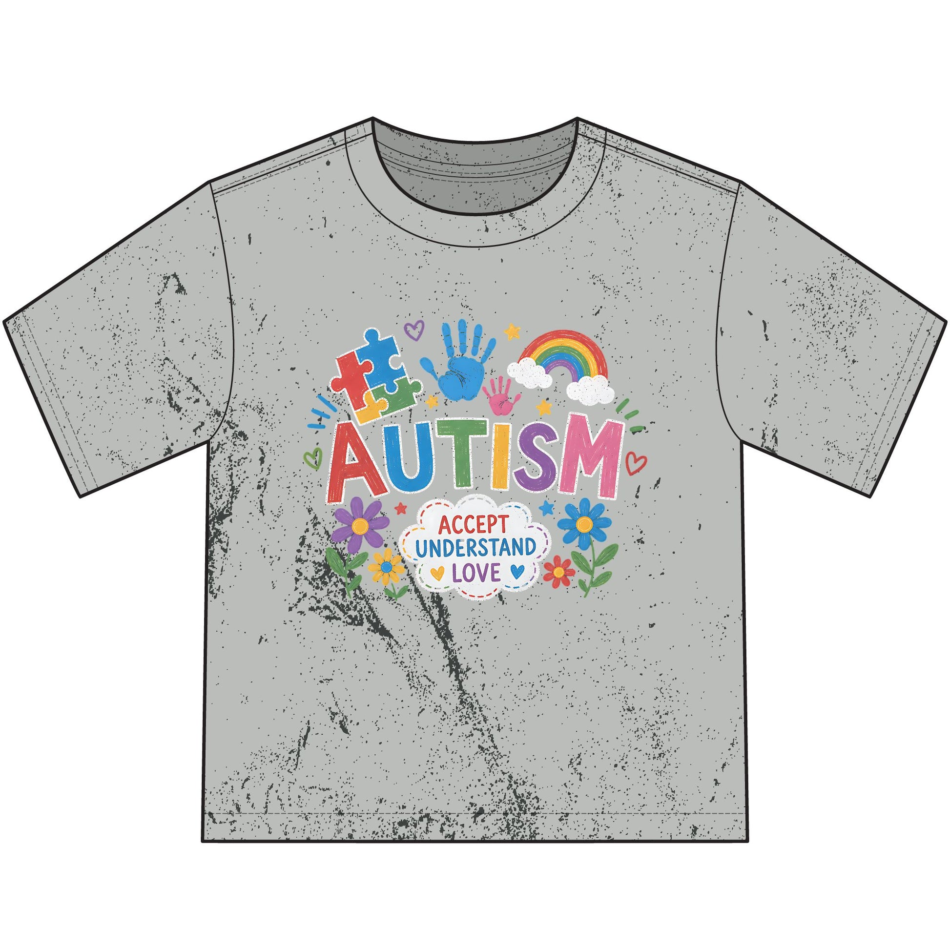 Autism Awareness Heavyweight Color Blast Youth T-Shirt — "Accept Understand Love" Colorful Puzzle &amp; Rainbow Design image