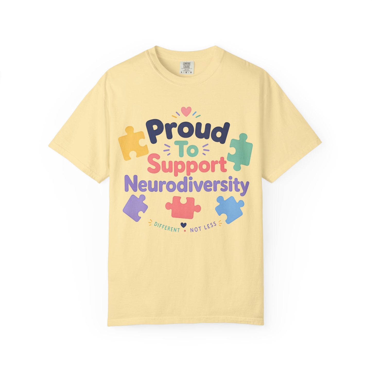 Proud to Support Neurodiversity T-Shirt — Colorful Puzzle Piece Awareness Tee image