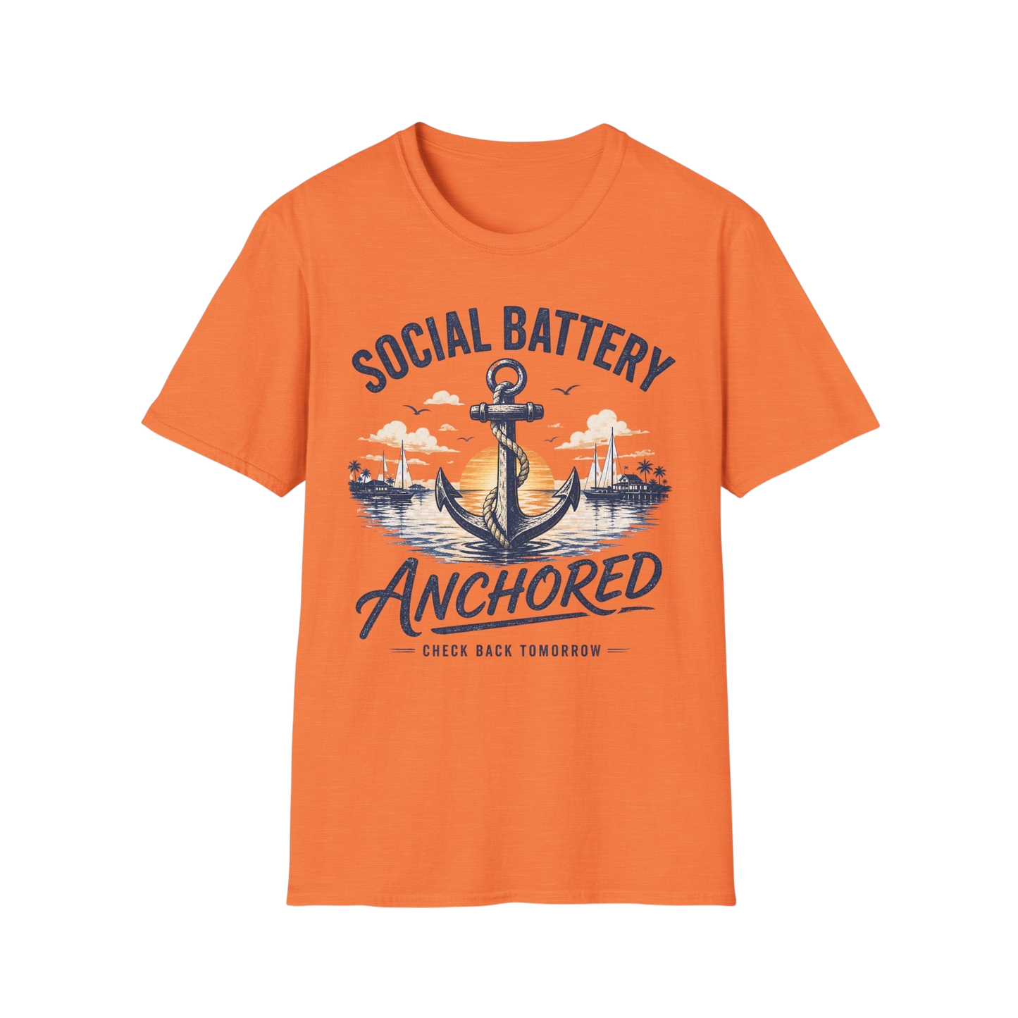 Social Battery Anchored T‑Shirt — Nautical Anchor Retro Sunset Tee
