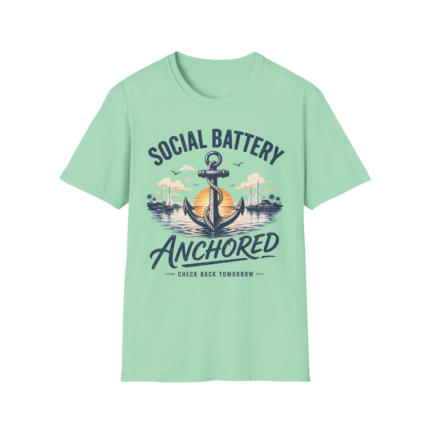 Social Battery Anchored T‑Shirt — Nautical Anchor Retro Sunset Tee