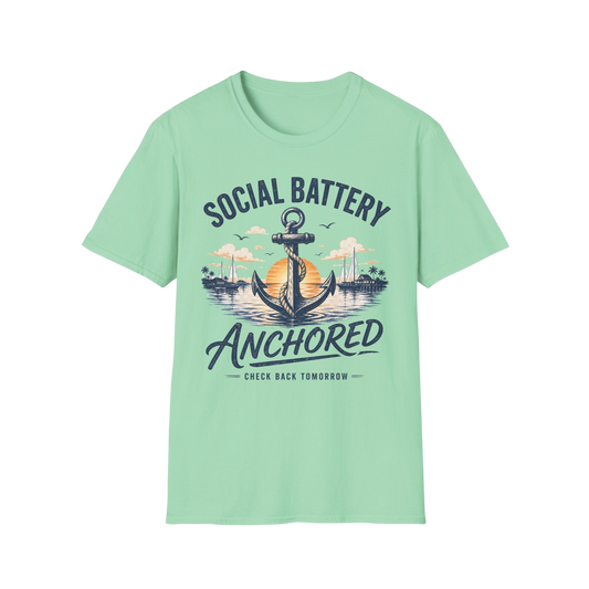 Social Battery Anchored T‑Shirt — Nautical Anchor Retro Sunset Tee