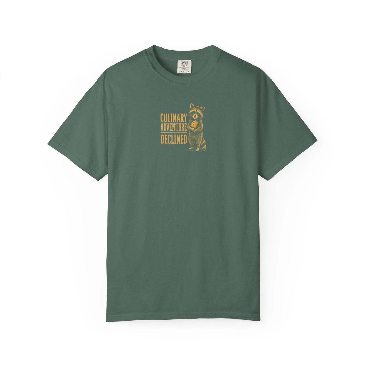 Culinary Adventure Declined T-Shirt — Food Routine Raccoon Graphic Tee