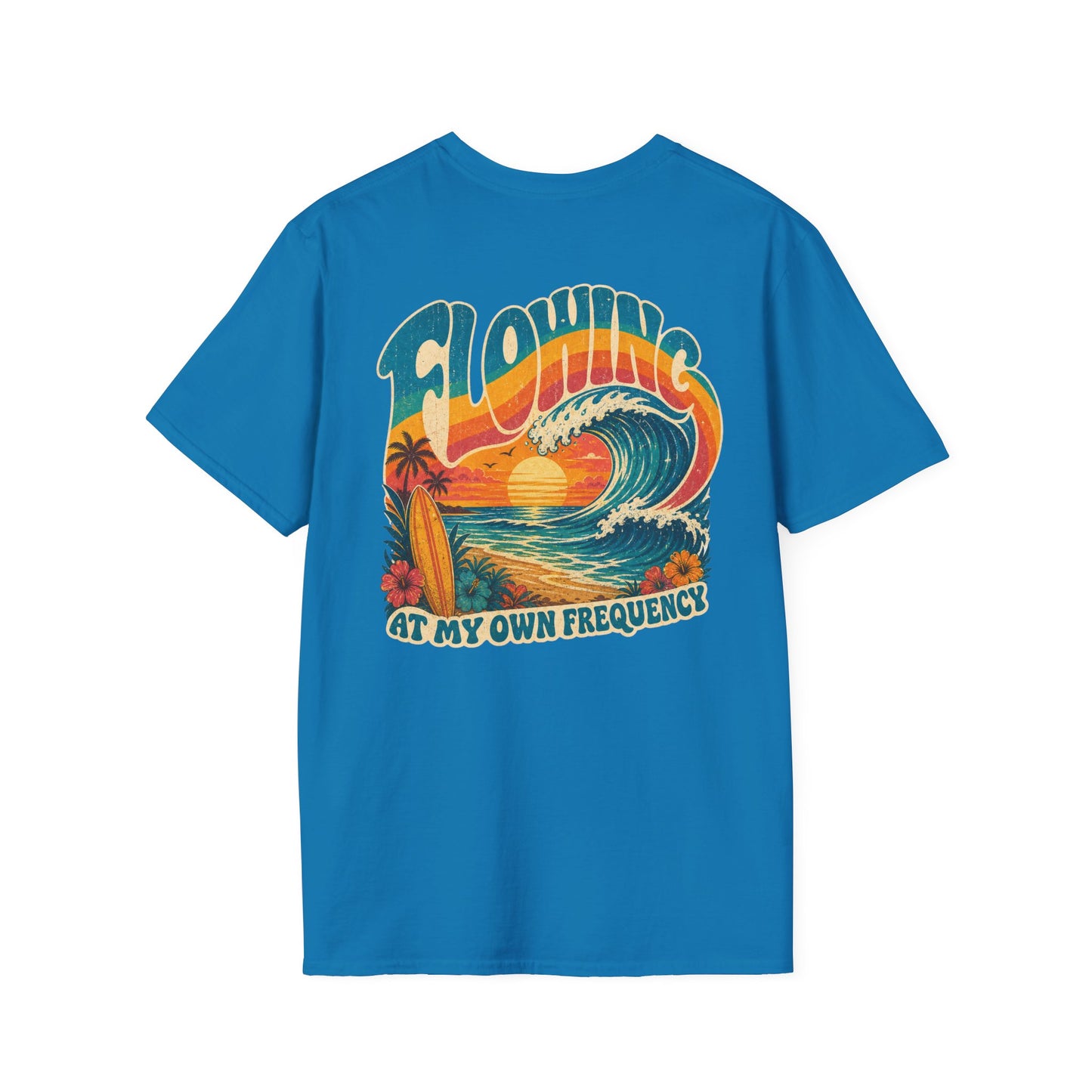 "Flowing At My Own Frequency" Groovy 70s Surfboard Beach Sunset Graphic T-Shirt