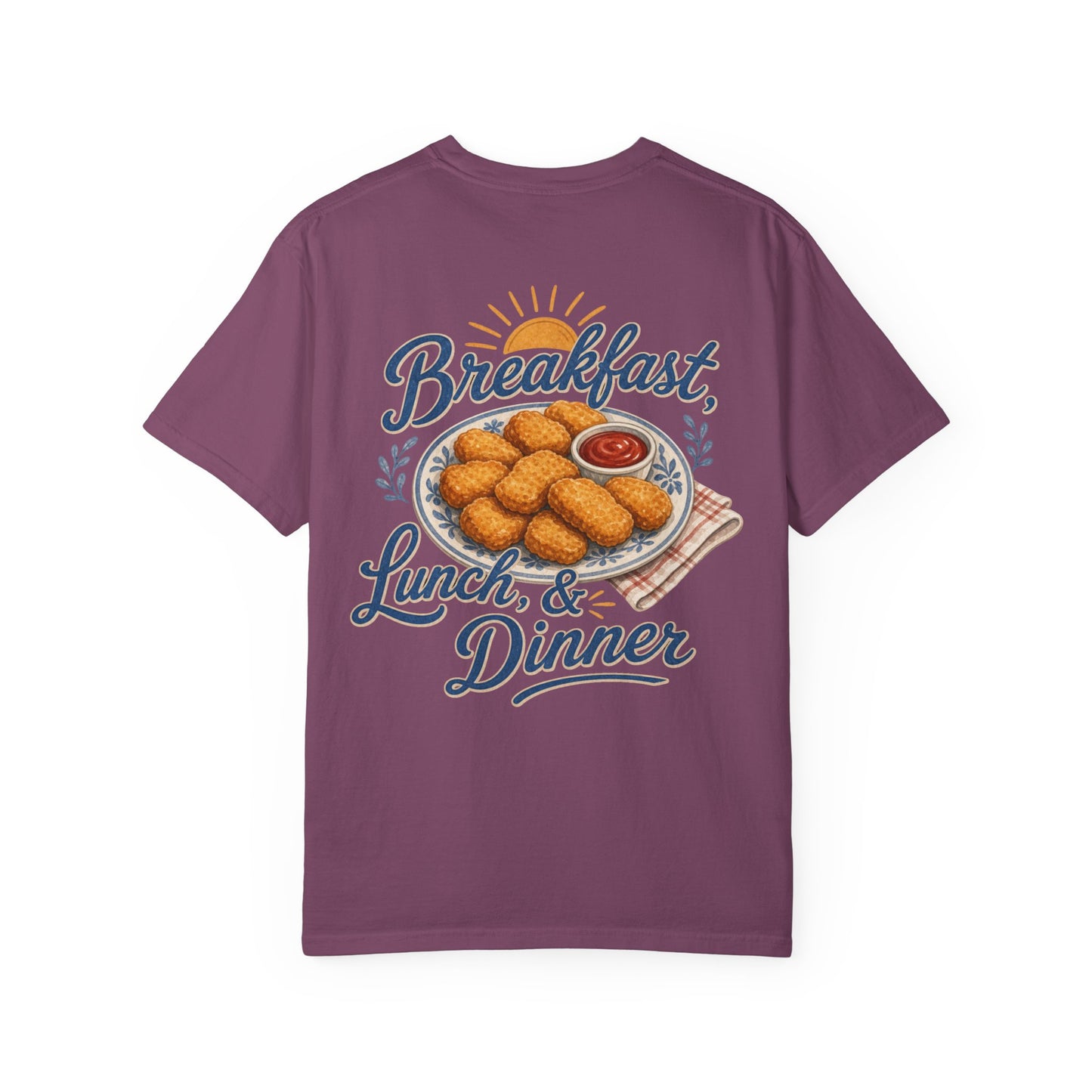 Chicken Nugget T-Shirt — “Breakfast, Lunch & Dinner” Retro Food Graphic Tee Adult BACK PRINT
