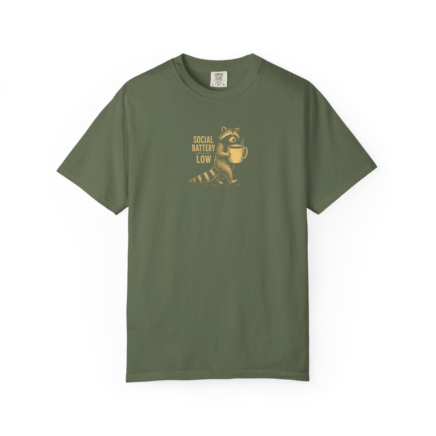 "Social Battery Low" Raccoon Coffee Graphic Tee