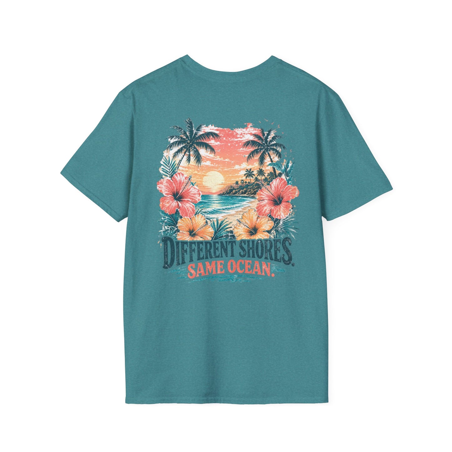 "Different Shores, Same Ocean" Hibiscus Flower Beach Sunset Graphic T-Shirt