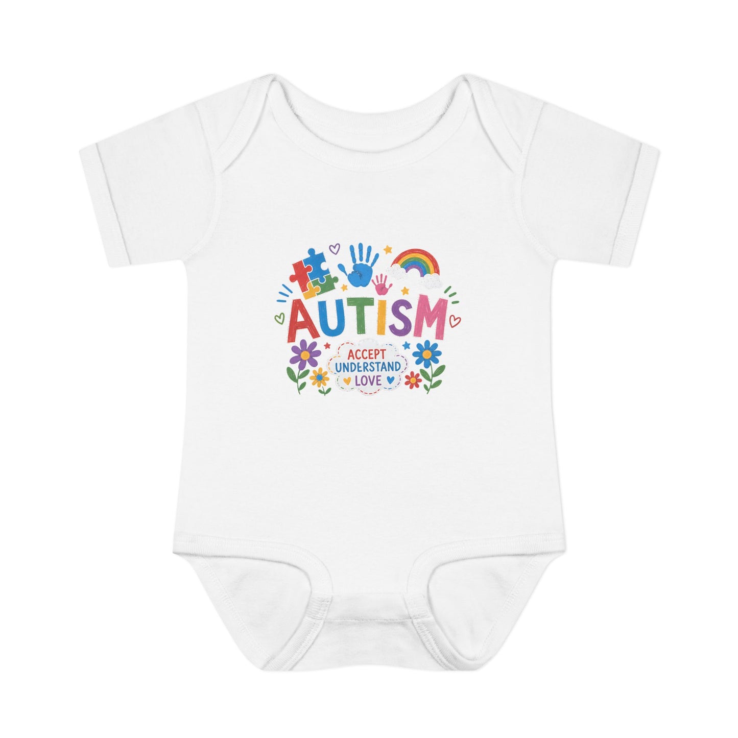 Autism Awareness Infant Bodysuit — 'Accept Understand Love' Colorful Design - 12M, White image
