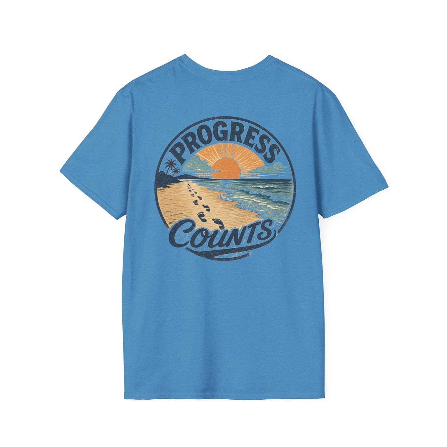 Progress Counts T-Shirt — Vintage Coastal Footprints Sunset