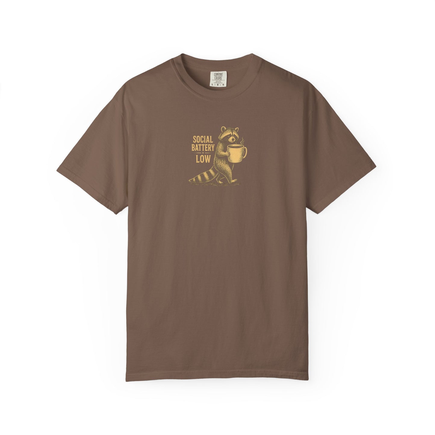 "Social Battery Low" Raccoon Coffee Graphic Tee