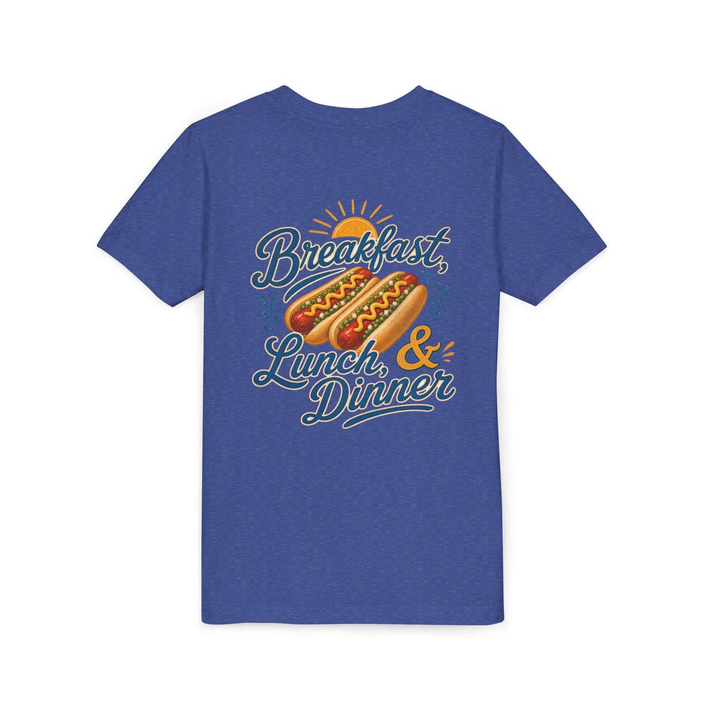 “Breakfast, Lunch & Dinner” Hot Dog Graphic Tee Youth BACK PRINT —