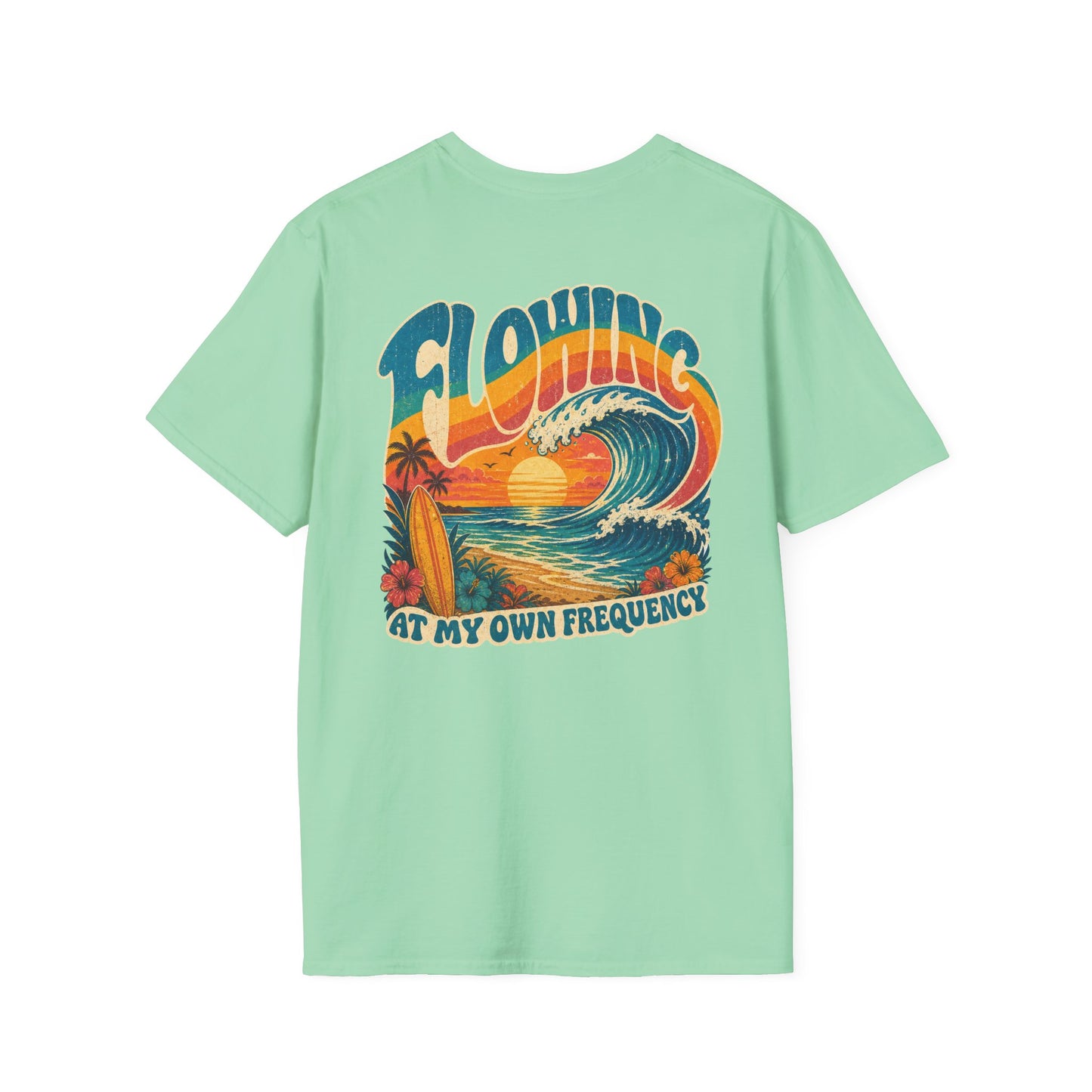 "Flowing At My Own Frequency" Groovy 70s Surfboard Beach Sunset Graphic T-Shirt