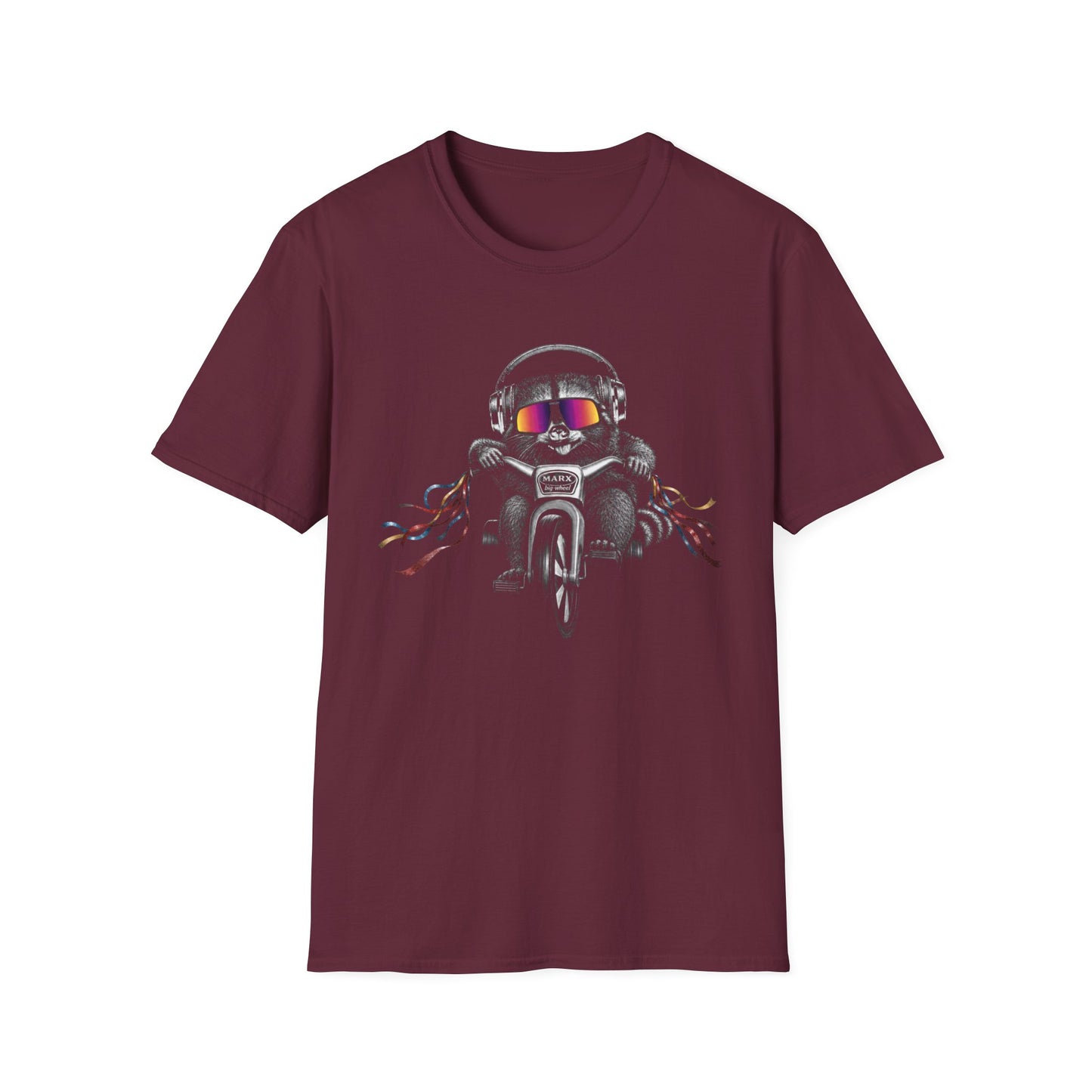 Big Wheel Raccon with Oakleys and Active Noise Canceling (ANC) headphones ‑Shirt — Retro Biker Tee