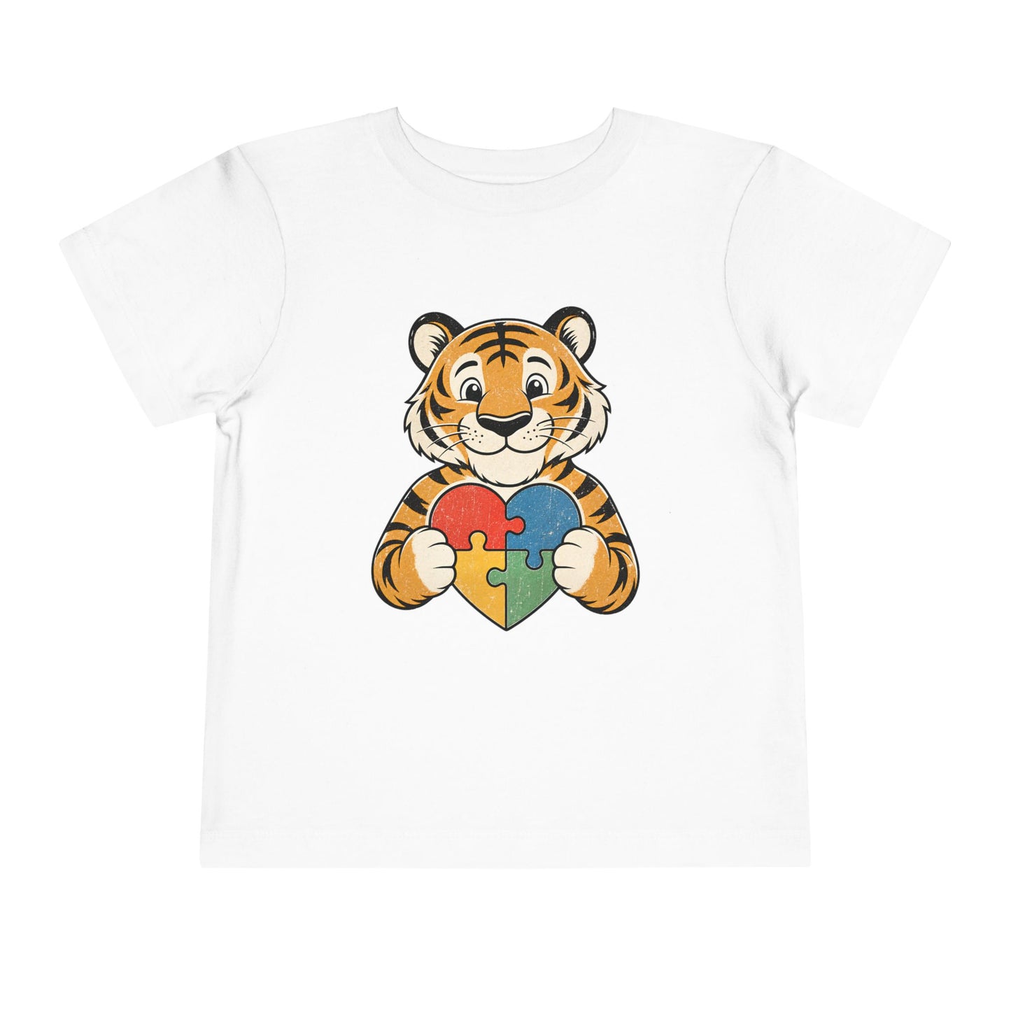 Toddler Tee — Cute Tiger Holding Autism Puzzle Heart - White, 4T image