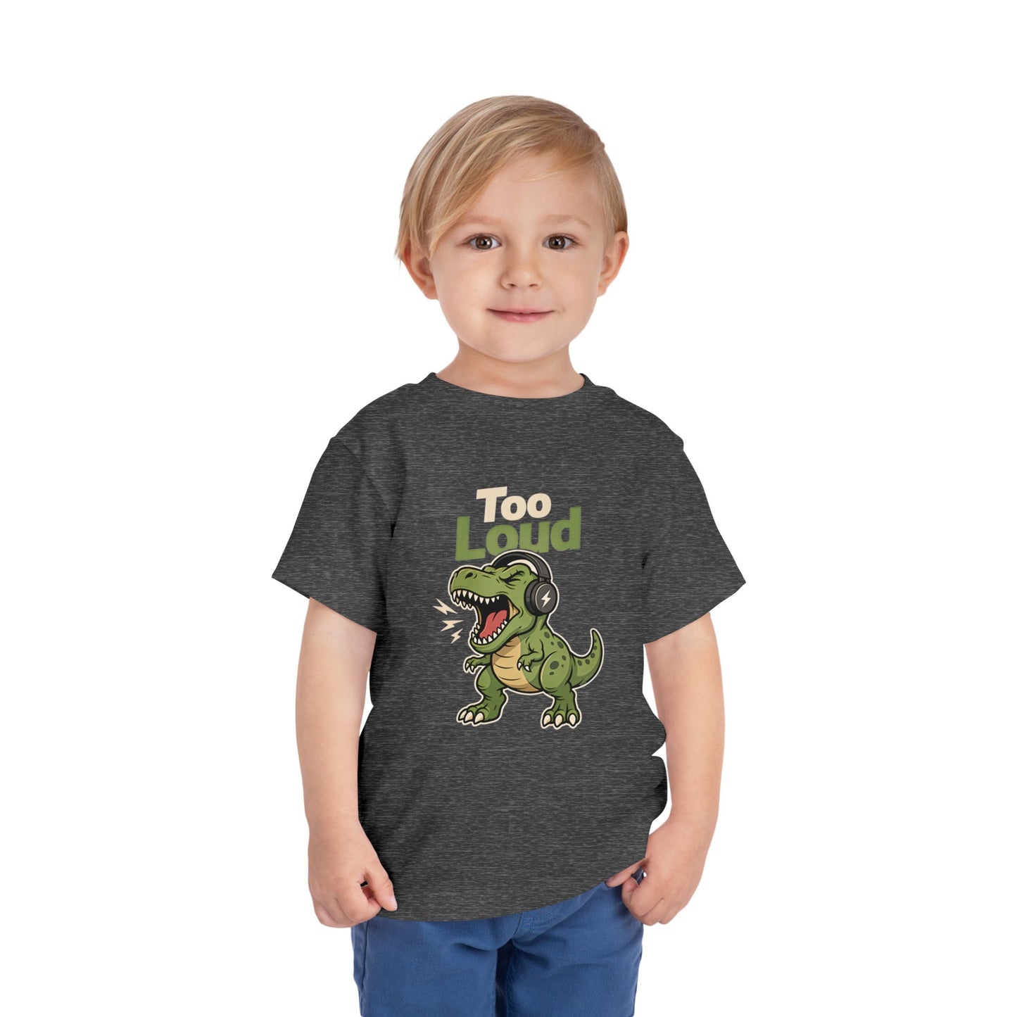 Toddler Tee — 'Too Loud' Headphone T-Rex Graphic Shirt