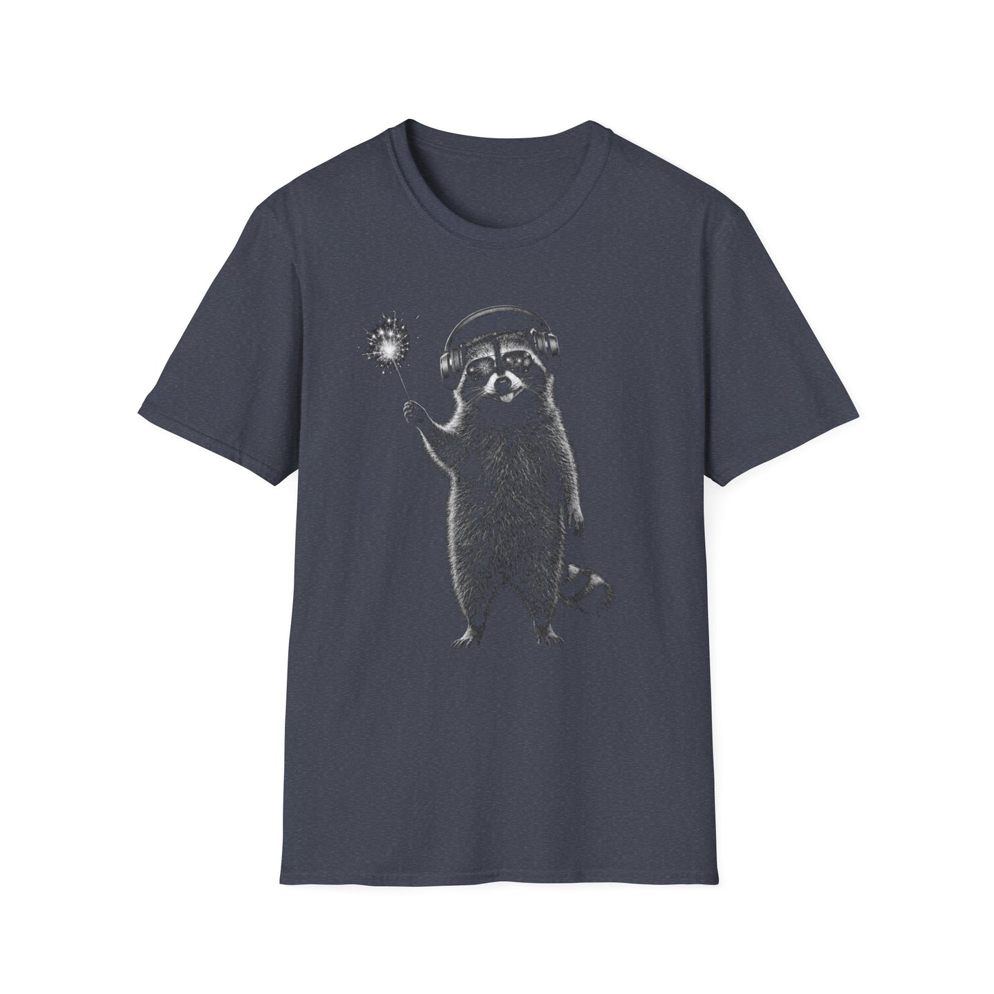 Raccoon with July 4th Sparkler Graphic T-Shirt — Cute Active Noise Canceling (ANC) headphones Raccoon Tee