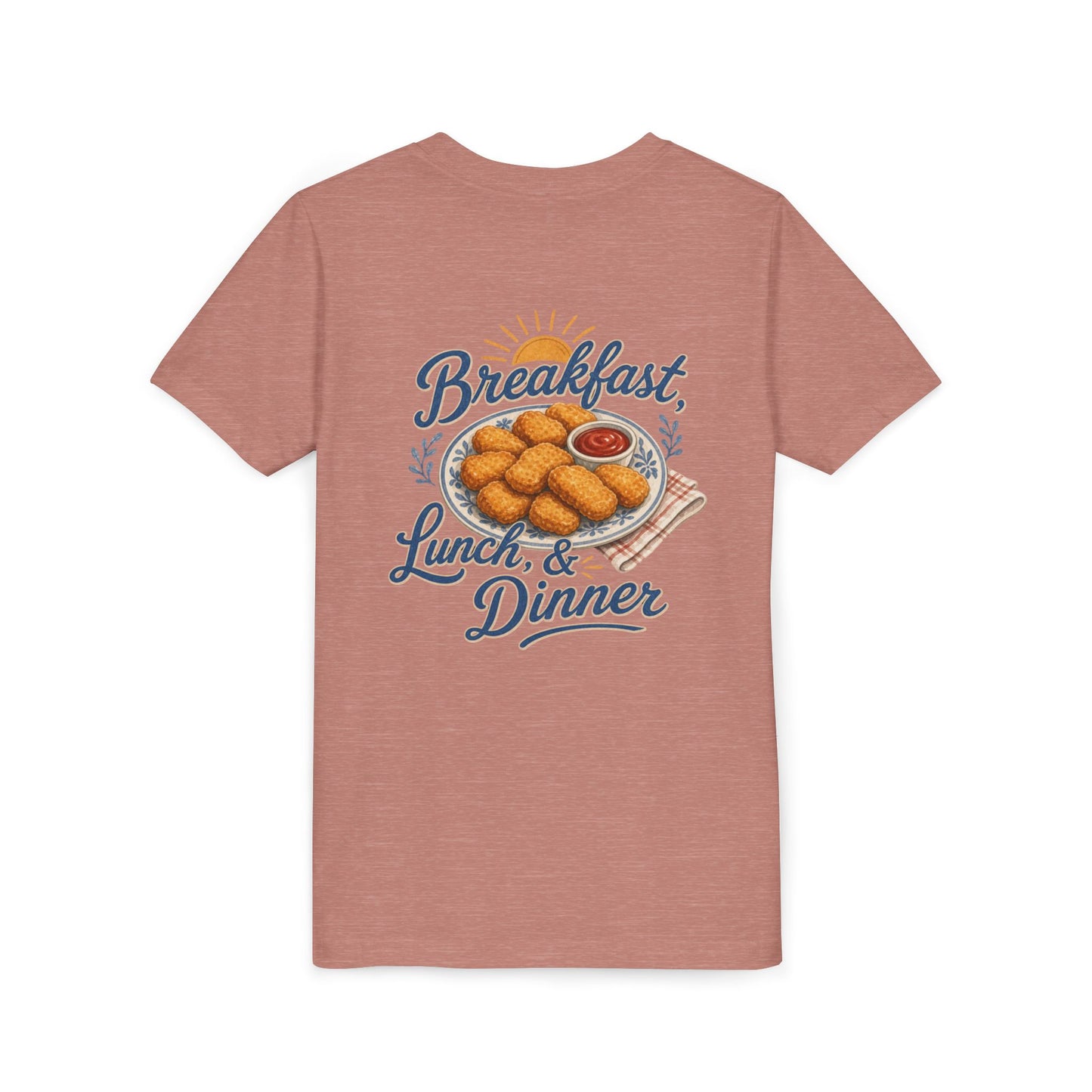 "Breakfast, Lunch & Dinner" Chicken Nugget Graphic Youth Tee — BACK PRINT